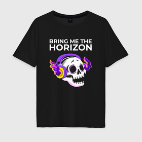 Мужская футболка хлопок Oversize с принтом Bring Me the Horizon   неоновый череп в Ханты-Майнсийске, 100% хлопок | свободный крой, круглый ворот, “спинка” длиннее передней части | Тематика изображения на принте: 