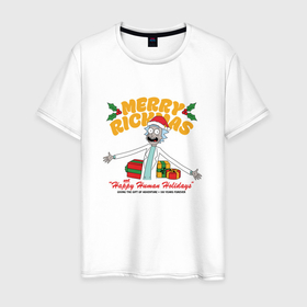Мужская футболка хлопок с принтом Рик и Морти  подарки Merry Rickmas в Петрозаводске, 100% хлопок | прямой крой, круглый вырез горловины, длина до линии бедер, слегка спущенное плечо. | Тематика изображения на принте: 