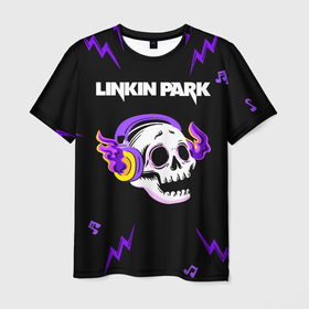 Мужская футболка 3D с принтом Linkin Park неоновый череп в Ханты-Майнсийске, 100% полиэфир | прямой крой, круглый вырез горловины, длина до линии бедер | Тематика изображения на принте: 