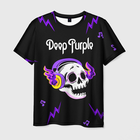 Мужская футболка 3D с принтом Deep Purple неоновый череп в Ханты-Майнсийске, 100% полиэфир | прямой крой, круглый вырез горловины, длина до линии бедер | Тематика изображения на принте: 