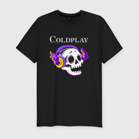 Мужская футболка хлопок Slim с принтом Coldplay   неоновый череп в городе Новоалтайск, 92% хлопок, 8% лайкра | приталенный силуэт, круглый вырез ворота, длина до линии бедра, короткий рукав | 