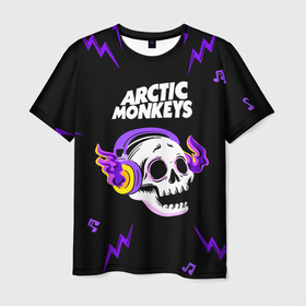 Мужская футболка 3D с принтом Arctic Monkeys неоновый череп в Ханты-Майнсийске, 100% полиэфир | прямой крой, круглый вырез горловины, длина до линии бедер | Тематика изображения на принте: 