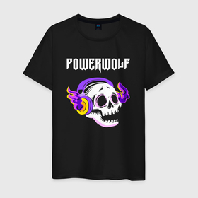 Мужская футболка хлопок с принтом Powerwolf   неоновый череп в Ханты-Майнсийске, 100% хлопок | прямой крой, круглый вырез горловины, длина до линии бедер, слегка спущенное плечо. | Тематика изображения на принте: 