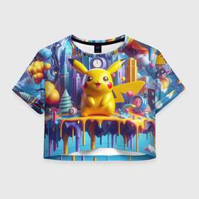 Женская футболка Crop-top 3D с принтом Пикачу на сказочной планете   нейроарт в городе Новоалтайск, 100% полиэстер | круглая горловина, длина футболки до линии талии, рукава с отворотами | 