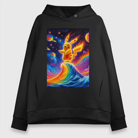 Женское худи Oversize хлопок с принтом Огненный Пикачу на волне   нейроарт фантазия в городе Новоалтайск, френч-терри — 70% хлопок, 30% полиэстер. Мягкий теплый начес внутри —100% хлопок | боковые карманы, эластичные манжеты и нижняя кромка, капюшон на магнитной кнопке | 
