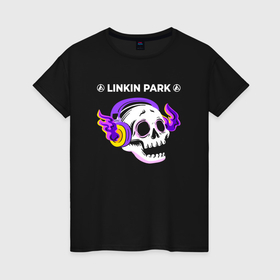Женская футболка хлопок с принтом Linkin Park 2024   неоновый череп в городе Новоалтайск, 100% хлопок | прямой крой, круглый вырез горловины, длина до линии бедер, слегка спущенное плечо | 