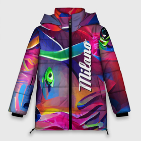 Женская зимняя куртка Oversize Цветная абстракция   Милан: в Ухте, верх — 100% полиэстер; подкладка — 100% полиэстер; утеплитель — 100% полиэстер | длина ниже бедра, силуэт Оверсайз. Есть воротник-стойка, отстегивающийся капюшон и ветрозащитная планка. 
Боковые карманы с листочкой на кнопках и внутренний карман на молнии |