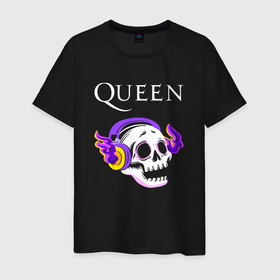 Мужская футболка хлопок с принтом Queen   неоновый череп в Ханты-Майнсийске, 100% хлопок | прямой крой, круглый вырез горловины, длина до линии бедер, слегка спущенное плечо. | Тематика изображения на принте: 