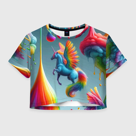 Женская футболка Crop-top 3D с принтом Сказочный единорог среди облаков   нейроарт в городе Новоалтайск, 100% полиэстер | круглая горловина, длина футболки до линии талии, рукава с отворотами | 