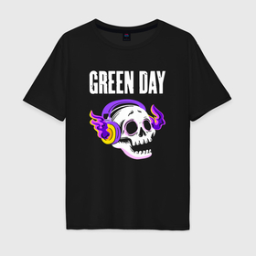 Мужская футболка хлопок Oversize с принтом Green Day   неоновый череп в Ханты-Майнсийске, 100% хлопок | свободный крой, круглый ворот, “спинка” длиннее передней части | Тематика изображения на принте: 
