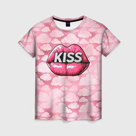 Женская футболка 3D с принтом Губы kiss в Ухте, 100% полиэфир ( синтетическое хлопкоподобное полотно) | прямой крой, круглый вырез горловины, длина до линии бедер | 