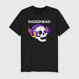 Мужская футболка хлопок Slim с принтом Radiohead   неоновый череп в городе Новоалтайск, 92% хлопок, 8% лайкра | приталенный силуэт, круглый вырез ворота, длина до линии бедра, короткий рукав | 