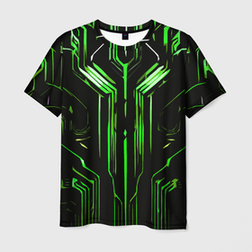 Мужская футболка 3D с принтом Green stripes on a black background в городе Новоалтайск, 100% полиэфир | прямой крой, круглый вырез горловины, длина до линии бедер | Тематика изображения на принте: 
