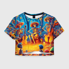 Женская футболка Crop-top 3D с принтом Музыкальная группа скелетов на лесной поляне в Ухте, 100% полиэстер | круглая горловина, длина футболки до линии талии, рукава с отворотами | 