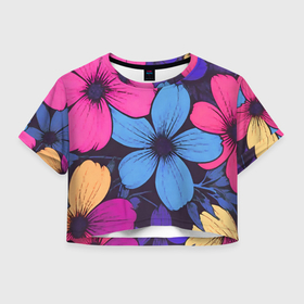 Женская футболка Crop-top 3D с принтом Большие цветы в городе Новоалтайск, 100% полиэстер | круглая горловина, длина футболки до линии талии, рукава с отворотами | 