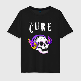 Мужская футболка хлопок Oversize с принтом The Cure   неоновый череп в Петрозаводске, 100% хлопок | свободный крой, круглый ворот, “спинка” длиннее передней части | Тематика изображения на принте: 