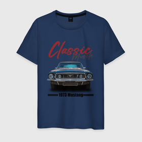 Мужская футболка хлопок с принтом Американский маслкар Ford Mustang 1973 года в городе Новоалтайск, 100% хлопок | прямой крой, круглый вырез горловины, длина до линии бедер, слегка спущенное плечо. | 