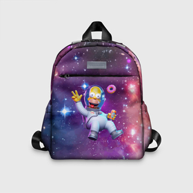 Детский рюкзак 3D с принтом Homer Simpson in space   ai art в Ухте, 100% полиэстер | лямки с регулируемой длиной, сверху петелька, чтобы рюкзак можно было повесить на вешалку. Основное отделение закрывается на молнию, как и внешний карман. Внутри дополнительный карман. По бокам два дополнительных кармашка | Тематика изображения на принте: 