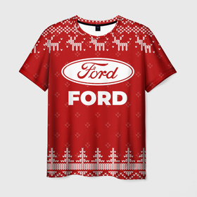 Мужская футболка 3D с принтом Новогодний Ford с оленями в городе Новоалтайск, 100% полиэфир | прямой крой, круглый вырез горловины, длина до линии бедер | 