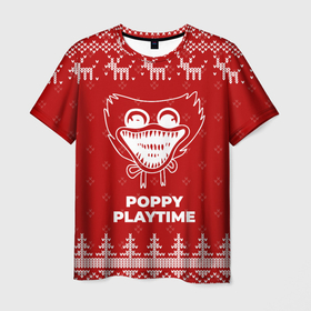 Мужская футболка 3D с принтом Новогодний Poppy Playtime с оленями в городе Новоалтайск, 100% полиэфир | прямой крой, круглый вырез горловины, длина до линии бедер | 