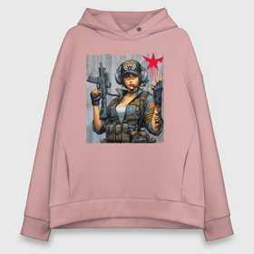 Женское худи Oversize хлопок с принтом Cool military girl   graffiti в городе Новоалтайск, френч-терри — 70% хлопок, 30% полиэстер. Мягкий теплый начес внутри —100% хлопок | боковые карманы, эластичные манжеты и нижняя кромка, капюшон на магнитной кнопке | 