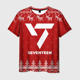 Мужская футболка 3D с принтом Новогодний Seventeen с оленями в городе Новоалтайск, 100% полиэфир | прямой крой, круглый вырез горловины, длина до линии бедер | 