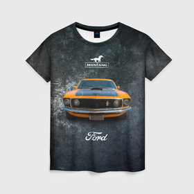 Женская футболка 3D с принтом Спортивный американский автомобиль Ford Mustang в Петрозаводске, 100% полиэфир ( синтетическое хлопкоподобное полотно) | прямой крой, круглый вырез горловины, длина до линии бедер | 