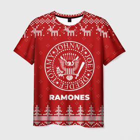 Мужская футболка 3D с принтом Новогодний Ramones с оленями в городе Новоалтайск, 100% полиэфир | прямой крой, круглый вырез горловины, длина до линии бедер | 
