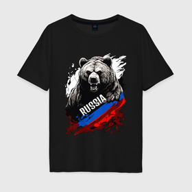 Мужская футболка хлопок Oversize с принтом Русский медведь на фоне флага России в городе Новоалтайск, 100% хлопок | свободный крой, круглый ворот, “спинка” длиннее передней части | 