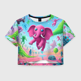 Женская футболка Crop-top 3D с принтом Парящий в воздухе розовый слон   сюрреализм в городе Новоалтайск, 100% полиэстер | круглая горловина, длина футболки до линии талии, рукава с отворотами | Тематика изображения на принте: 