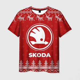 Мужская футболка 3D с принтом Новогодний Skoda с оленями в городе Новоалтайск, 100% полиэфир | прямой крой, круглый вырез горловины, длина до линии бедер | 