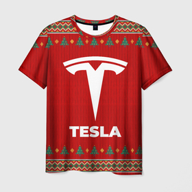 Мужская футболка 3D с принтом Tesla new year в Петрозаводске, 100% полиэфир | прямой крой, круглый вырез горловины, длина до линии бедер | Тематика изображения на принте: 