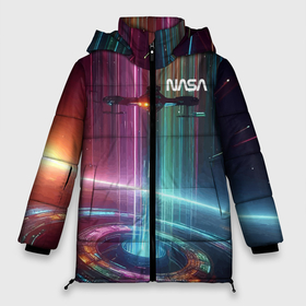 Женская зимняя куртка Oversize с принтом Spaceship in the neon cosmos   nasa в городе Новоалтайск, верх — 100% полиэстер; подкладка — 100% полиэстер; утеплитель — 100% полиэстер | длина ниже бедра, силуэт Оверсайз. Есть воротник-стойка, отстегивающийся капюшон и ветрозащитная планка. 

Боковые карманы с листочкой на кнопках и внутренний карман на молнии | Тематика изображения на принте: 