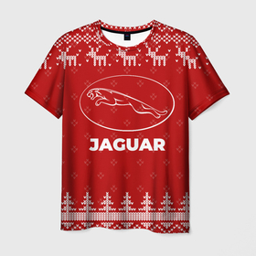 Мужская футболка 3D с принтом Новогодний Jaguar с оленями в Петрозаводске, 100% полиэфир | прямой крой, круглый вырез горловины, длина до линии бедер | Тематика изображения на принте: 