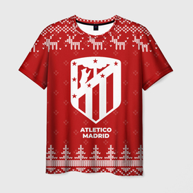Мужская футболка 3D с принтом Новогодний Atletico Madrid с оленями в городе Новоалтайск, 100% полиэфир | прямой крой, круглый вырез горловины, длина до линии бедер | 