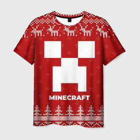 Мужская футболка 3D с принтом Новогодний Minecraft с оленями в городе Новоалтайск, 100% полиэфир | прямой крой, круглый вырез горловины, длина до линии бедер | 