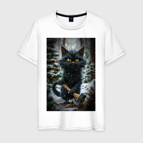 Мужская футболка хлопок с принтом Кот за елочкой пошел в Ухте, 100% хлопок | прямой крой, круглый вырез горловины, длина до линии бедер, слегка спущенное плечо. | Тематика изображения на принте: 