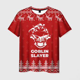 Мужская футболка 3D с принтом Новогодний Goblin Slayer с оленями в городе Новоалтайск, 100% полиэфир | прямой крой, круглый вырез горловины, длина до линии бедер | 