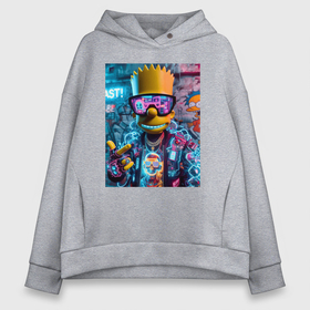 Женское худи Oversize хлопок с принтом Неоновый Барт Симпсон на фоне стены с граффити в городе Новоалтайск, френч-терри — 70% хлопок, 30% полиэстер. Мягкий теплый начес внутри —100% хлопок | боковые карманы, эластичные манжеты и нижняя кромка, капюшон на магнитной кнопке | 