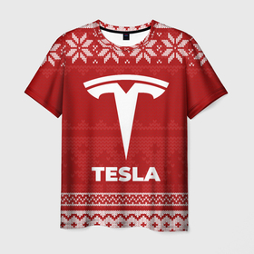 Мужская футболка 3D с принтом Новогодний Tesla в Петрозаводске, 100% полиэфир | прямой крой, круглый вырез горловины, длина до линии бедер | Тематика изображения на принте: 