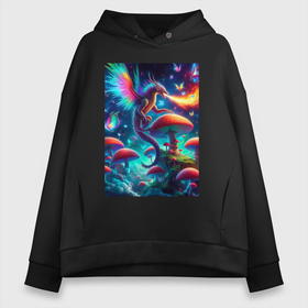Женское худи Oversize хлопок с принтом Сказочный дракон на планете неоновых грибов в городе Новоалтайск, френч-терри — 70% хлопок, 30% полиэстер. Мягкий теплый начес внутри —100% хлопок | боковые карманы, эластичные манжеты и нижняя кромка, капюшон на магнитной кнопке | Тематика изображения на принте: 