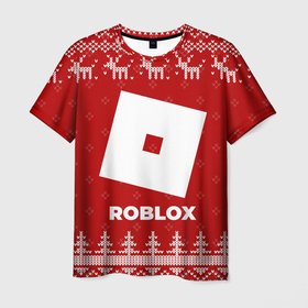 Мужская футболка 3D с принтом Новогодний Roblox с оленями в городе Новоалтайск, 100% полиэфир | прямой крой, круглый вырез горловины, длина до линии бедер | 