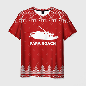 Мужская футболка 3D с принтом Новогодний Papa Roach с оленями в городе Новоалтайск, 100% полиэфир | прямой крой, круглый вырез горловины, длина до линии бедер | 