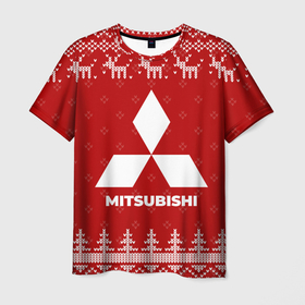 Мужская футболка 3D с принтом Новогодний Mitsubishi с оленями в городе Новоалтайск, 100% полиэфир | прямой крой, круглый вырез горловины, длина до линии бедер | 
