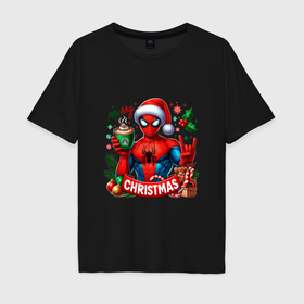 Мужская футболка хлопок Oversize с принтом Новогодний человек паук merry christmas с горячим шоколадом в городе Новоалтайск, 100% хлопок | свободный крой, круглый ворот, “спинка” длиннее передней части | 