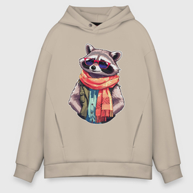 Мужское худи Oversize хлопок с принтом Модный енот в очках и шарфе в Ухте, френч-терри — 70% хлопок, 30% полиэстер. Мягкий теплый начес внутри —100% хлопок | боковые карманы, эластичные манжеты и нижняя кромка, капюшон на магнитной кнопке | 