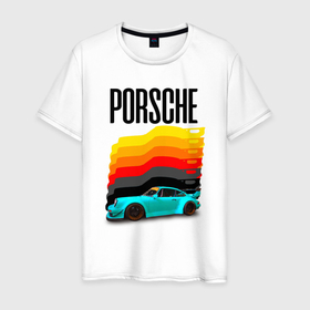 Мужская футболка хлопок с принтом Автомобиль Porsche на фоне флага Германии в городе Новоалтайск, 100% хлопок | прямой крой, круглый вырез горловины, длина до линии бедер, слегка спущенное плечо. | Тематика изображения на принте: 