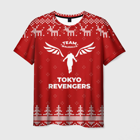 Мужская футболка 3D с принтом Новогодний Tokyo Revengers с оленями в городе Новоалтайск, 100% полиэфир | прямой крой, круглый вырез горловины, длина до линии бедер | 