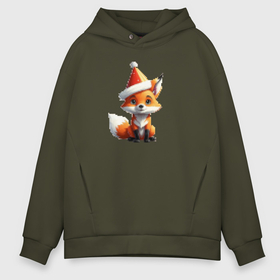 Мужское худи Oversize хлопок с принтом Новогодний лис Pixel в Ухте, френч-терри — 70% хлопок, 30% полиэстер. Мягкий теплый начес внутри —100% хлопок | боковые карманы, эластичные манжеты и нижняя кромка, капюшон на магнитной кнопке | Тематика изображения на принте: 