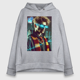 Женское худи Oversize хлопок с принтом Harry Potter with a neon glasses   ai art fantasy в городе Новоалтайск, френч-терри — 70% хлопок, 30% полиэстер. Мягкий теплый начес внутри —100% хлопок | боковые карманы, эластичные манжеты и нижняя кромка, капюшон на магнитной кнопке | 